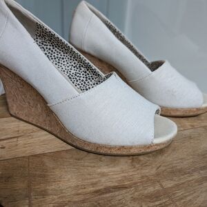 Toms Cream Canvas Peep-Toe Cork Wedge Heels